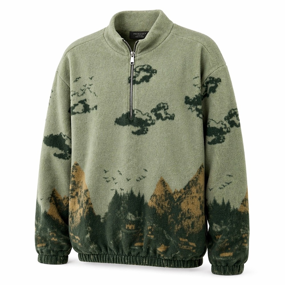 Primark Men's Mountain Landscape Scene Quarter Zip Fleece Green Large Gorpcore